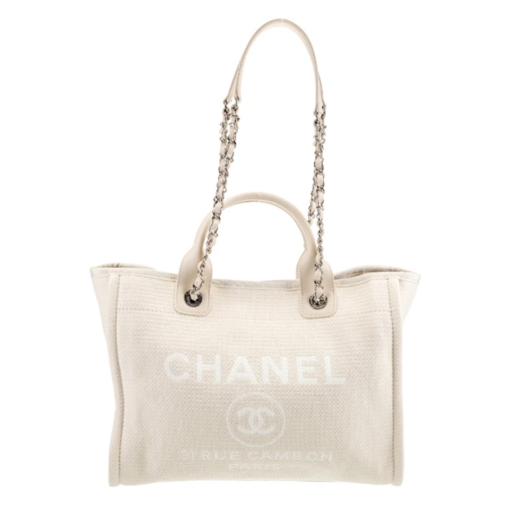 CHANEL Deauville Shopping Bag Tote White Boucle Silver Hardware